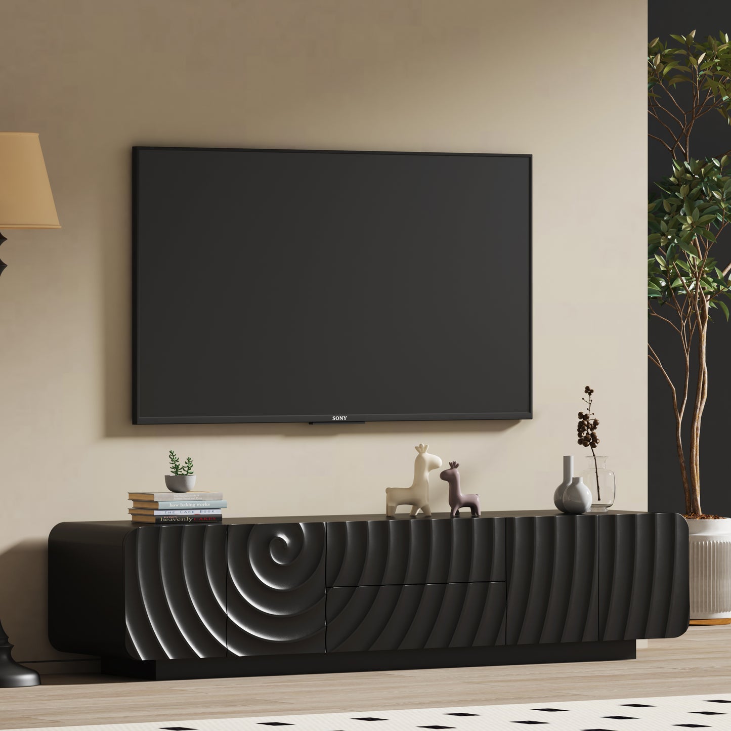 70''Tv Console With Modern Unique Spiral Wave Design With Storage Cabinet And 2 Drawers Tv Stand For Living Room, Bedroom, Black image 2