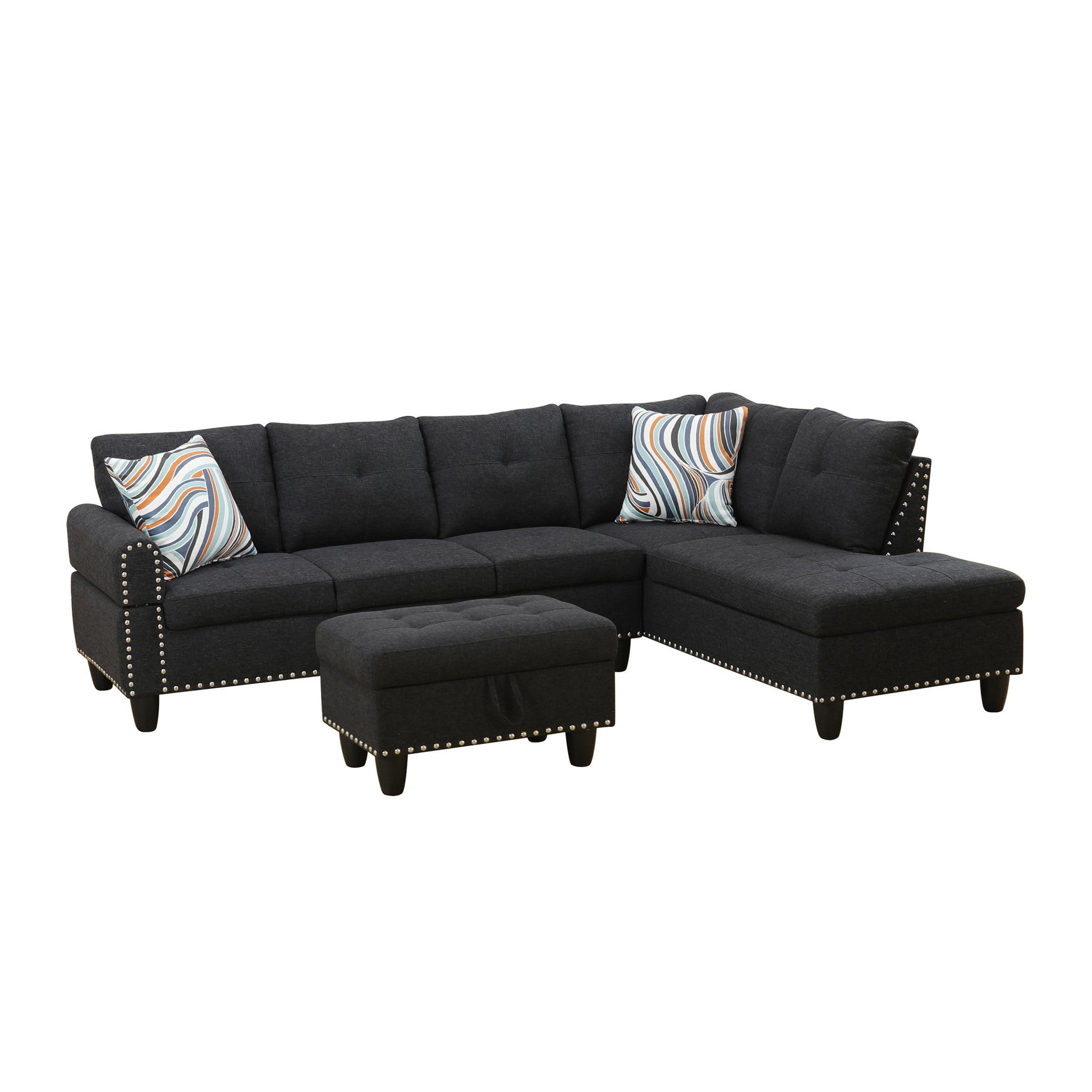 L shape Sectional Sofa Chair with cup holder - Black-Right image 10