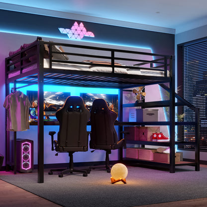 Full Loft Bed with Desk and Storage Stairs, Metal Loft Beds with LED Lights, USB Ports, Multifunctional Iron Nets, No Spring Box Needed and Noise-free, Black image 2