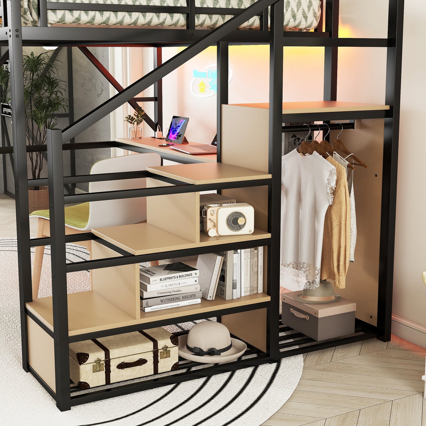 Queen Loft Bed with Desk and Charging Station, Queen Size Metal Loft Bed with Stairs and Light for Kids Teens, Black, Patent Products(OldSKU W2580S00044) image 5