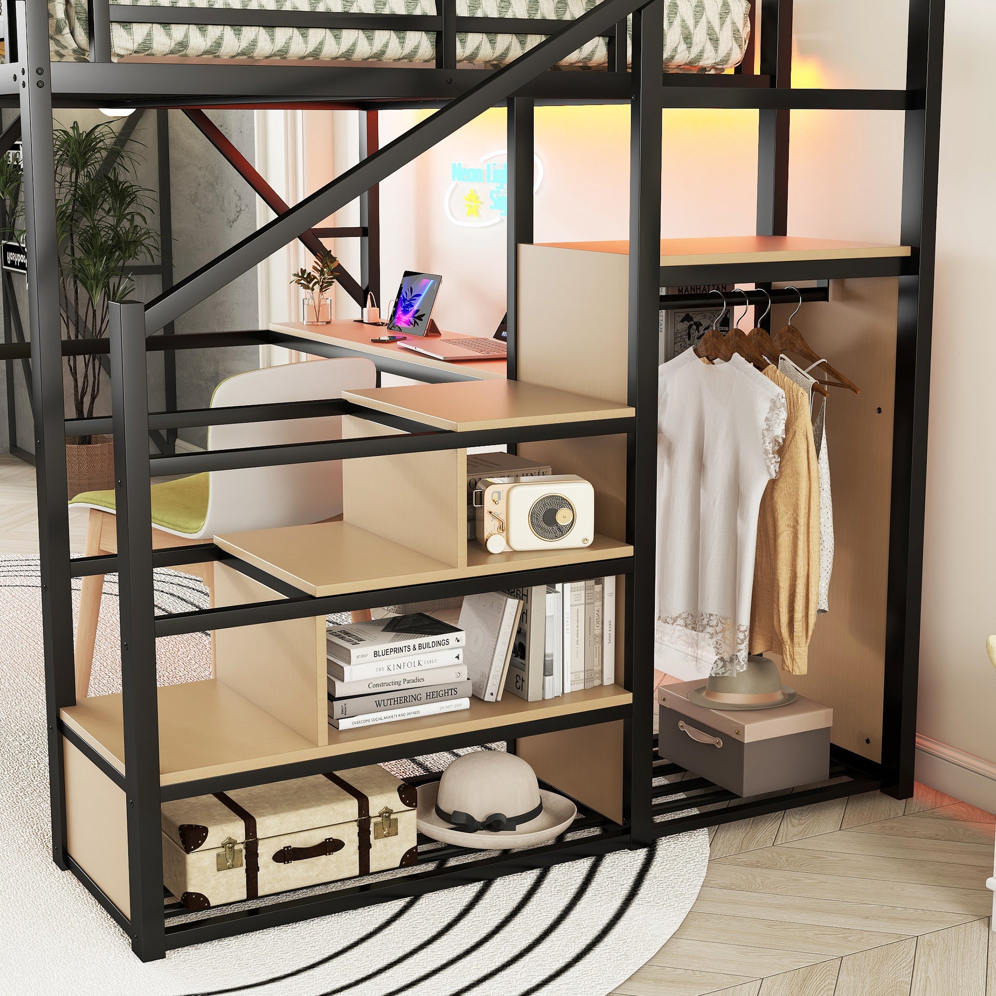 Queen Loft Bed with Desk and Charging Station, Queen Size Metal Loft Bed with Stairs and Light for Kids Teens, Black, Patent Products(OldSKU W2580S00044) image 5