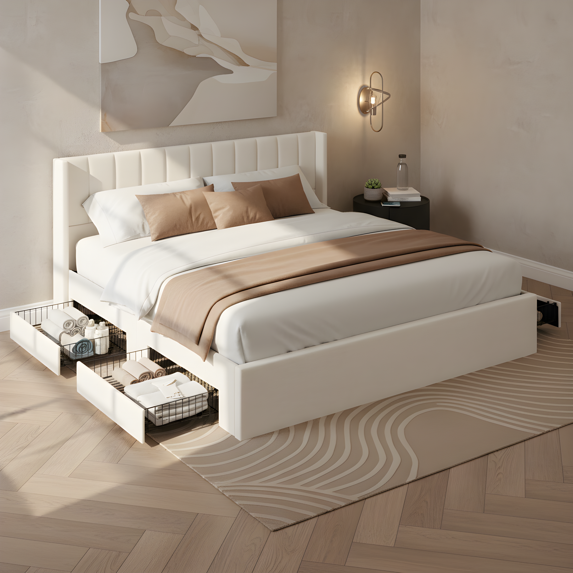Large-capacity upholstered storage bed with drawers,Beige,King image 1