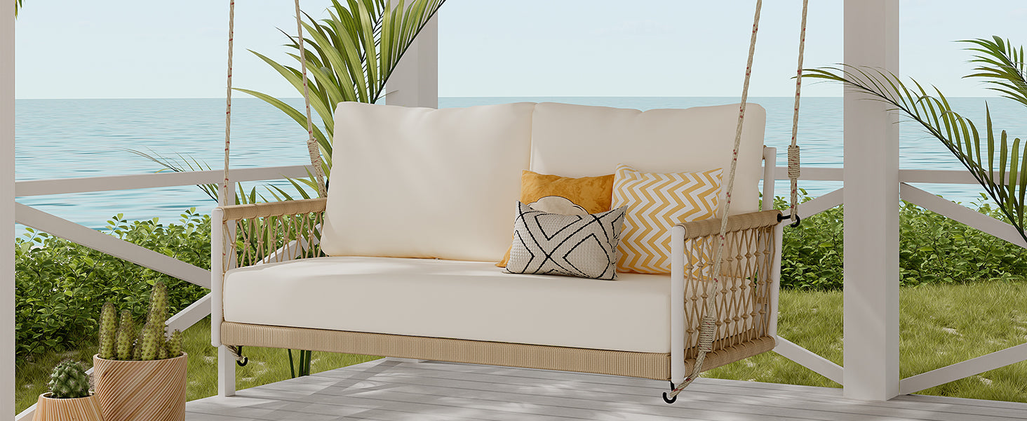 TREXM 1-Piece Woven Rope Outdoor Swing Sofa with Soft Cushions Seating 2 for Patio, Courtyard and Balcony (Beige) image 4