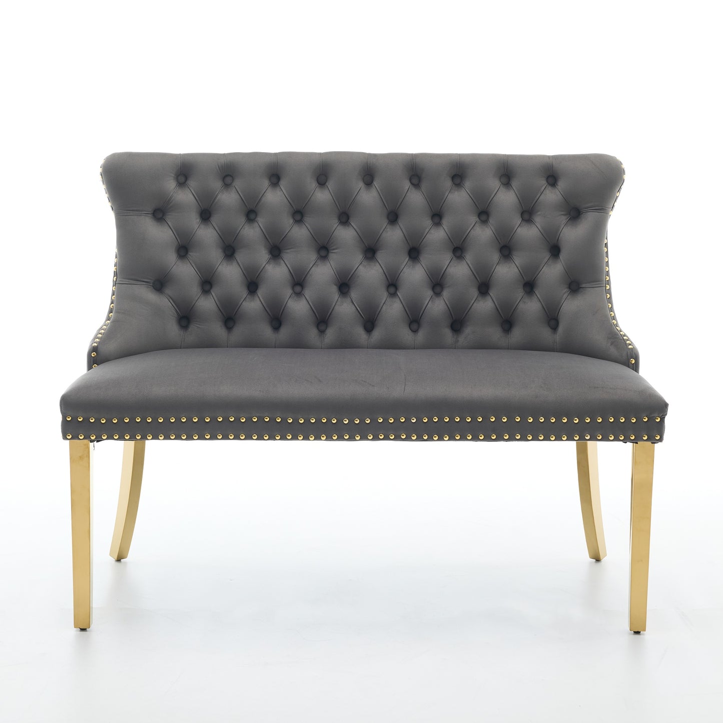 Velvet Double Dining Loveseat Bench, Kitchen & Dining Seating, 2-Seat Tufted Bench w/Handmade Buttons, Wing Back, Gold-Plated Steel Legs, Mid Century Modern,Single Pack,Gray,SW1602GY image 2