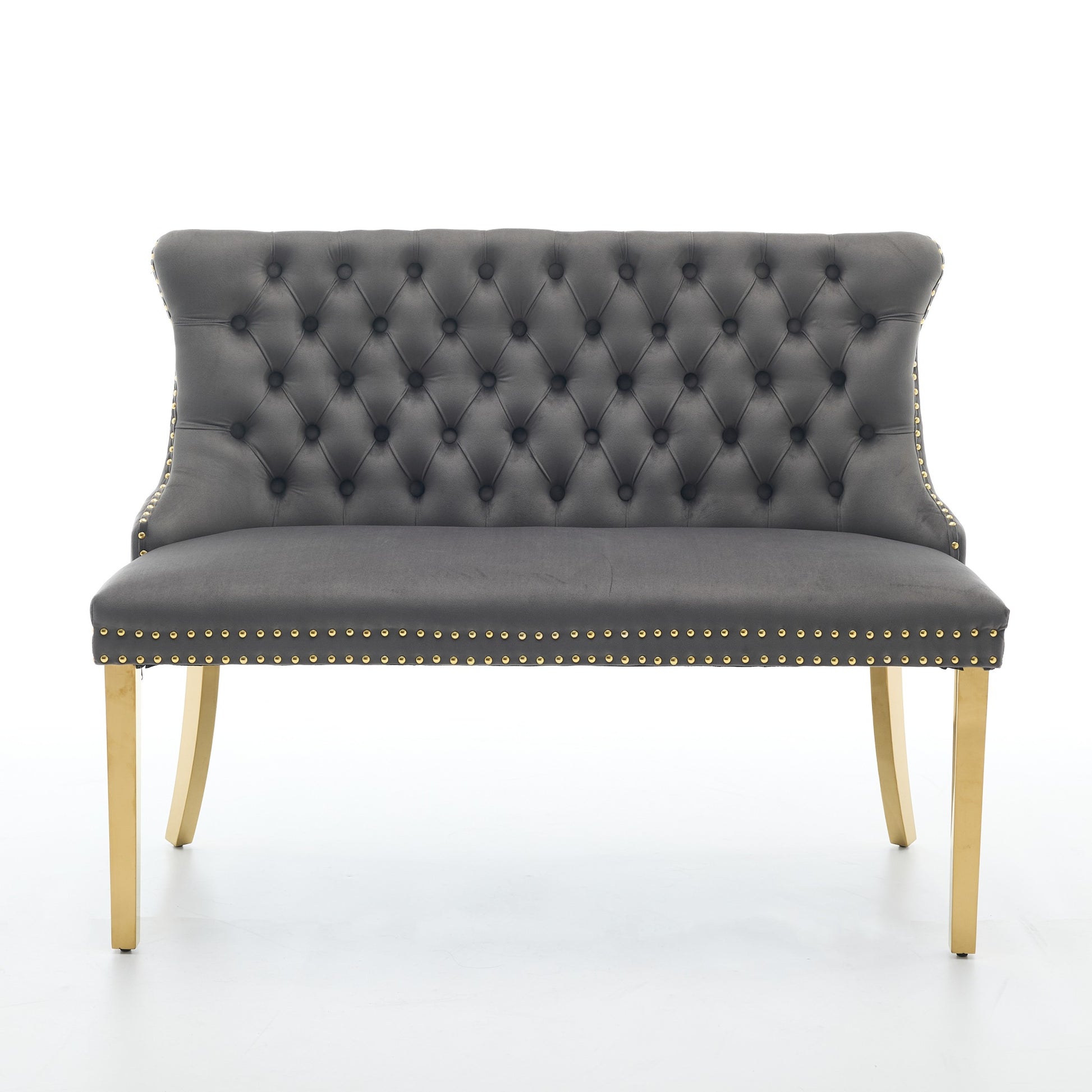 Velvet Double Dining Loveseat Bench, Kitchen & Dining Seating, 2-Seat Tufted Bench w/Handmade Buttons, Wing Back, Gold-Plated Steel Legs, Mid Century Modern,Single Pack,Gray,SW1602GY image 2