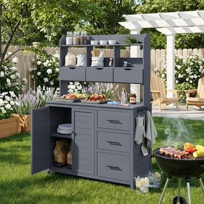 (With Assembly Video) TOPMAX Farmhouse Patio Potting Bench, 44.6''x19.5'' Large Freestanding Garden Workstation with 6 Drawers, Bottom Cabinet and Side Hook, Outdoor Kitchen Island, Gray image 2