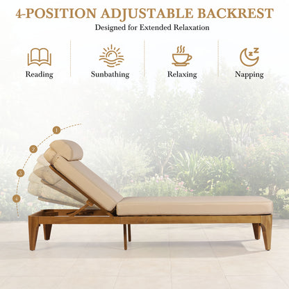 TOPMAX Acacia Wood Chaise Lounge, Outdoor Sun Lounge Chair, Patio Recliner with Adjustable Backrest and Head Pillow for Poolside, Backyard, Garden, Indoor&Outdoor, Coffee Brown image 6