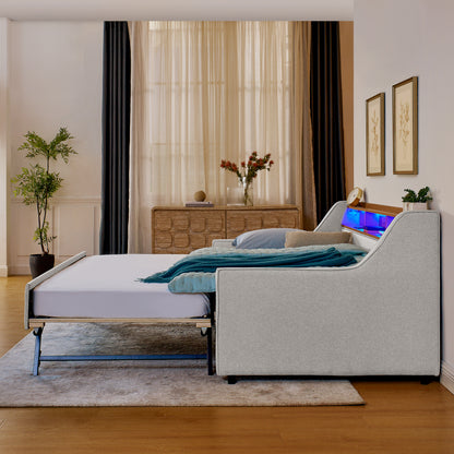 Twin Size Upholstery Sofa Bed with Three LED lights, with Storage Adjustable Headboard, with Foldable Leg Pull up Trundle Bed and Wireless Charging, Linen Padded Sofa Bed frame, Beige image 5