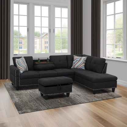 L shape Sectional Sofa Chair with cup holder - Black-Right image 3