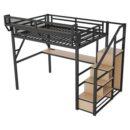 Full Loft Bed with Desk and Charging Station, Full Size Metal Loft Bed with Stairs and Light for Kids Teens, Black, Patent Products image 7