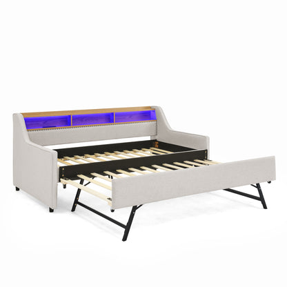Twin Size Upholstery Sofa Bed with Three LED lights, with Storage Adjustable Headboard, with Foldable Leg Pull up Trundle Bed and Wireless Charging, Linen Padded Sofa Bed frame, Beige image 11