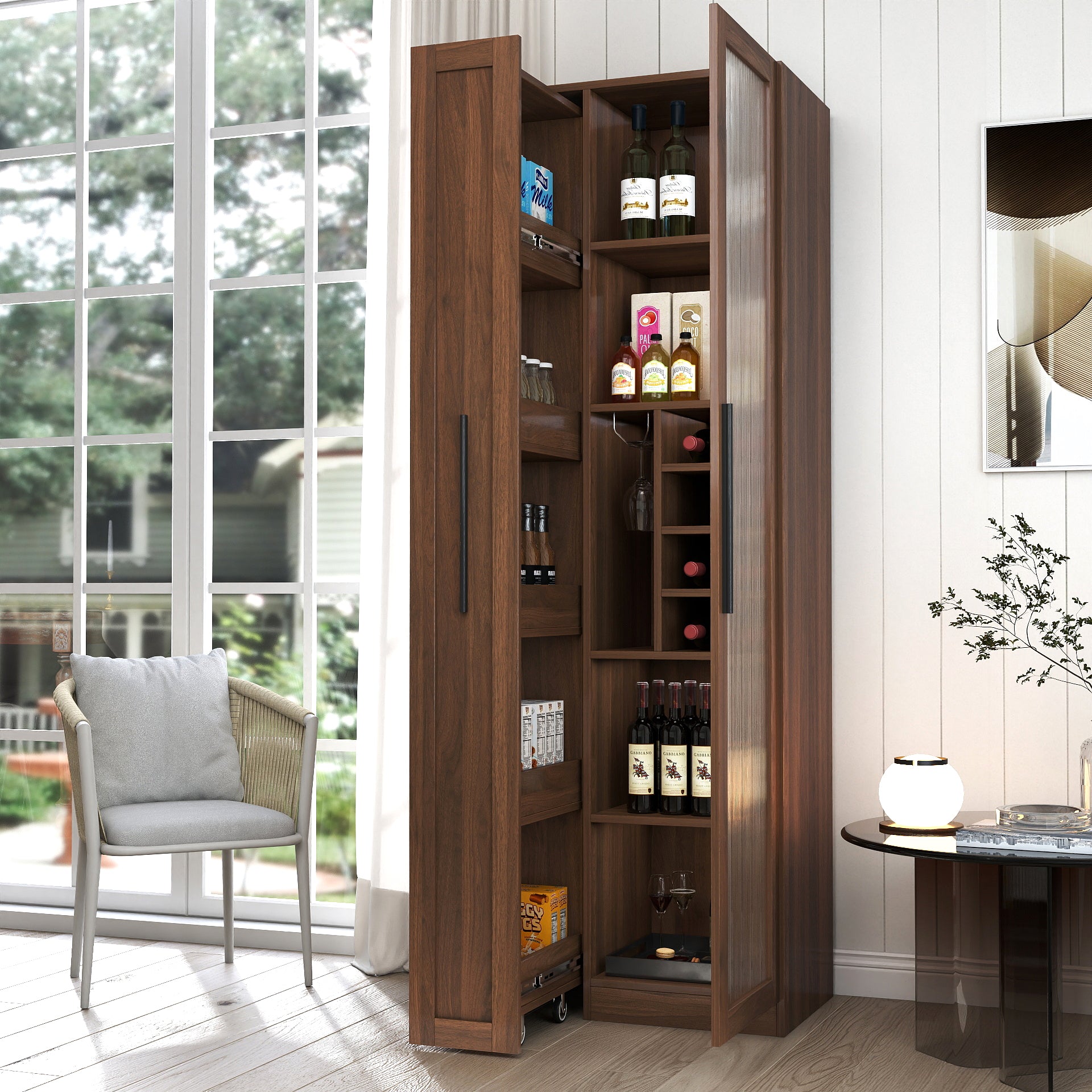 Kitchen pantry cabinet with multi-functional pull-out multi-tier storage shelf,Farmhouse Storage Cabinet with glass Doors,Pantry Organizers for Kitchen, bar cabinet,Dining Room image 1