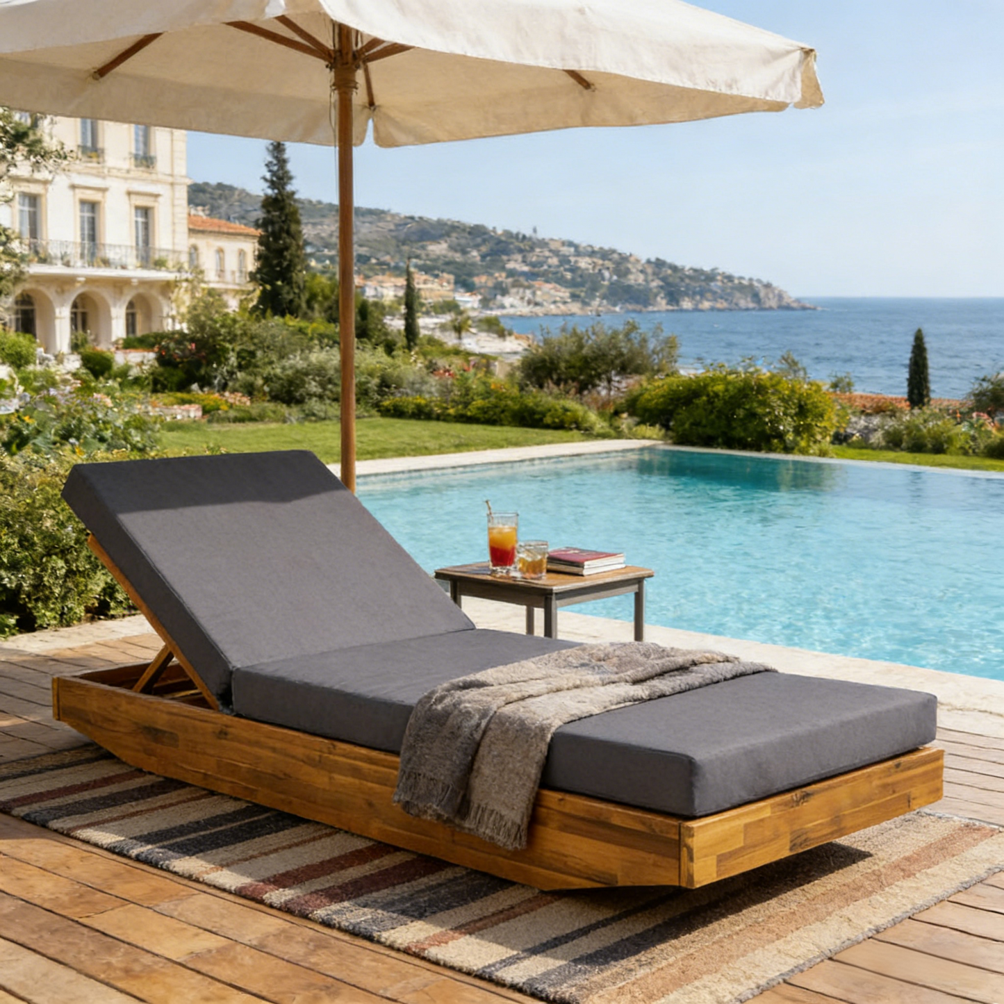 Acacia Wood Chaise Lounge with Cushion - Teak Finish Outdoor Recliner with Dark Grey 3-Fold Water-Repellent Cushion, 300lbs Capacity image 4