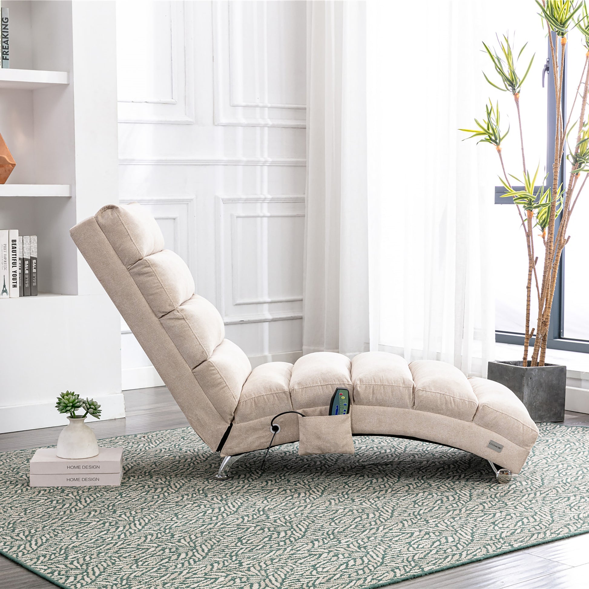 COOLMORE Luxury Upholstered Chaise Lounge Chair with Vibration for Relaxation, Modern Fixed Back Fabric Leisure Recliner Sofa for Living Room/Bedroom image 4