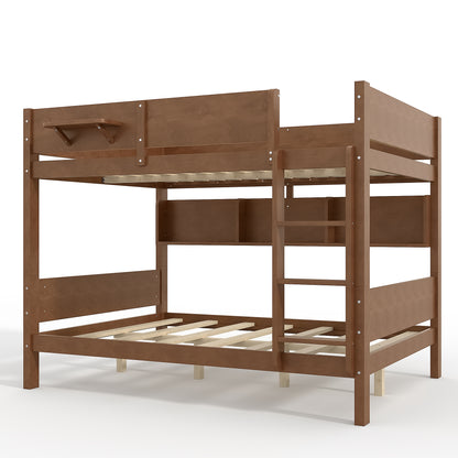 Queen over Queen Bunk Bed with Convenient Tray, Solid Wood Bunk Bed with Storage Shelves and Upgraded Slats,Vintage Brown image 8