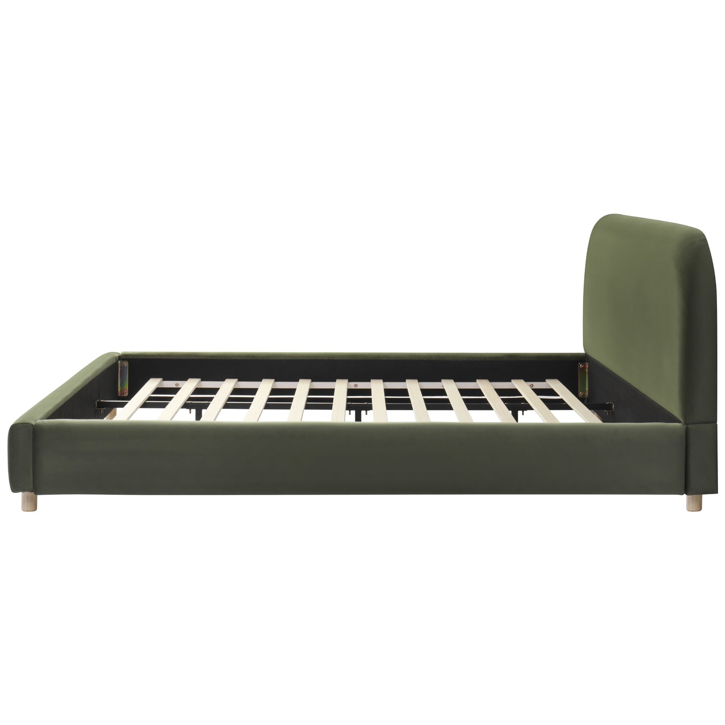 California King Size Upholstered Bed Frame With Velvet Fabric And Curve Design Thick Headboard, Solid Wood Legs, Olive Green image 10