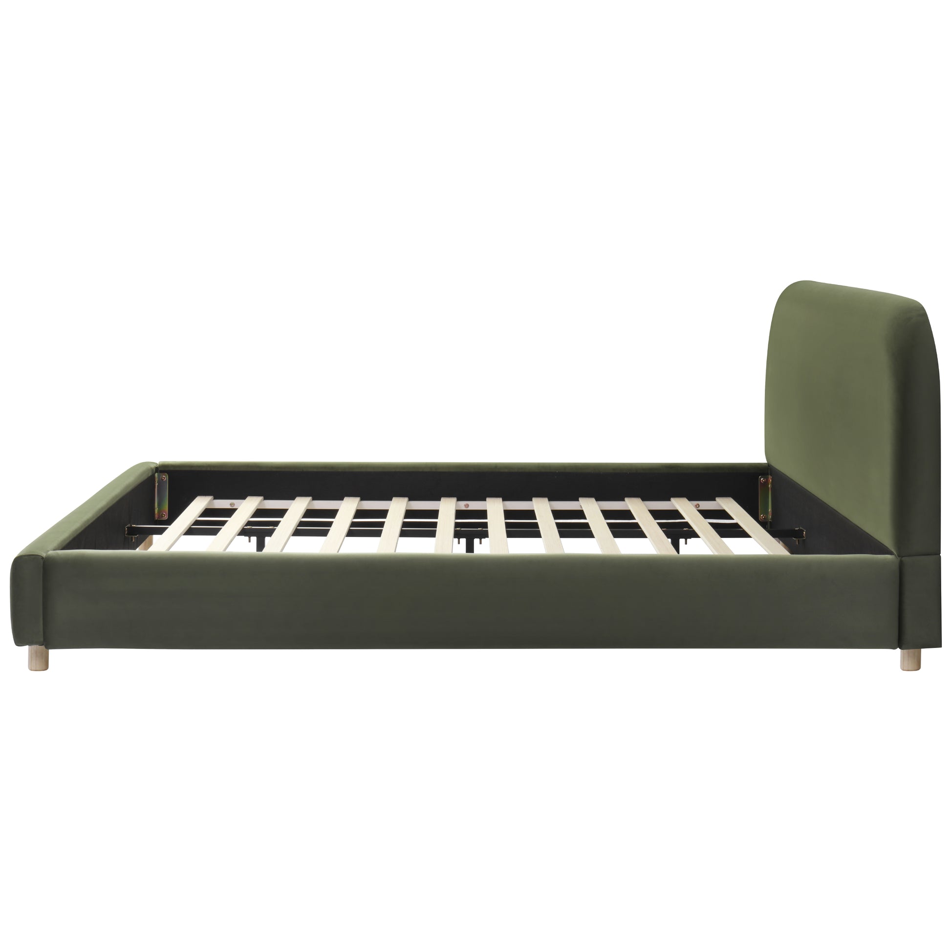 California King Size Upholstered Bed Frame With Velvet Fabric And Curve Design Thick Headboard, Solid Wood Legs, Olive Green image 10