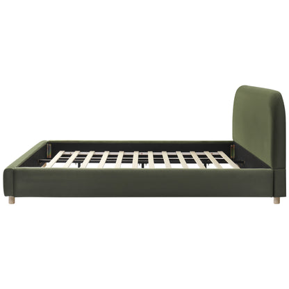 California King Size Upholstered Bed Frame With Velvet Fabric And Curve Design Thick Headboard, Solid Wood Legs, Olive Green image 10