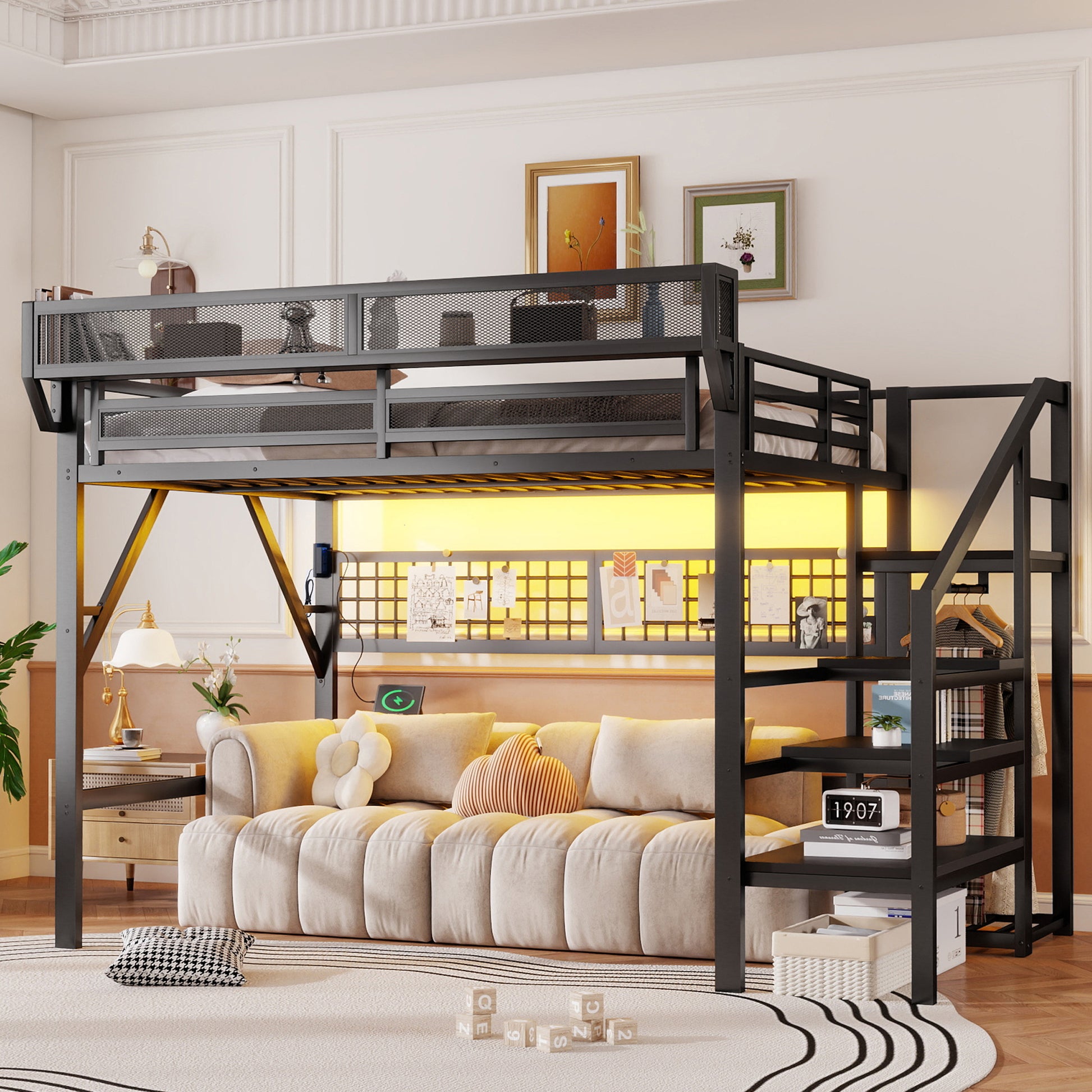 Full Size Loft Bed with Charging Station, Metal Full Loft Bed with Light and Storage, High Loft Bed with Wardrobe and Storage for Kids Teens Adults, Black(Old SKU W2580S00051) image 1