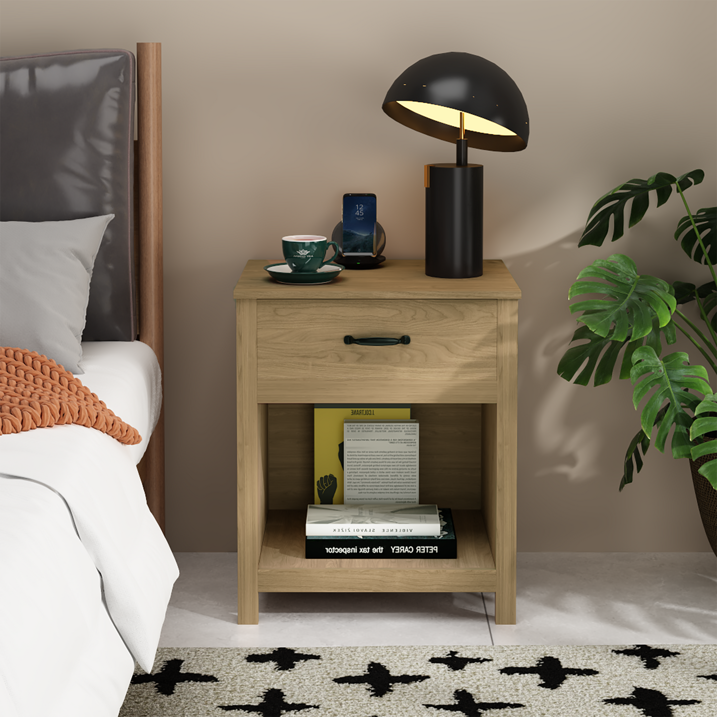 Wood Nightstand with Drawer and Open Shelf, Modern Bedside Table with Storage, Wooden End Table for Bedroom, Living Room or Apartment, Natural Finish, Brown image 11