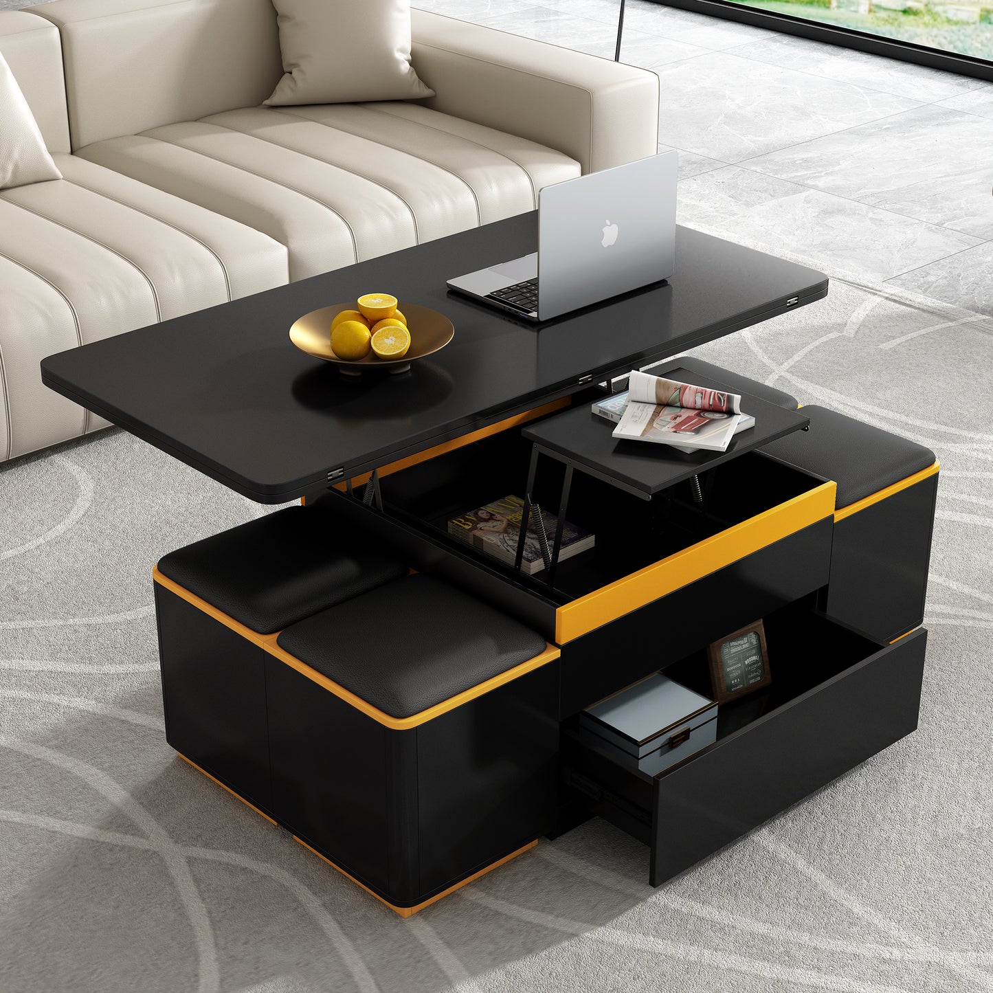 [Video Provided]VIBE HAUS Lift-Top Coffee Table with Storage Stools, Modern Center Table with Foldable Top, Multi-Functional Adjustable Coffee Table for Living Room(OLD SKU:N724P292506B) image 1