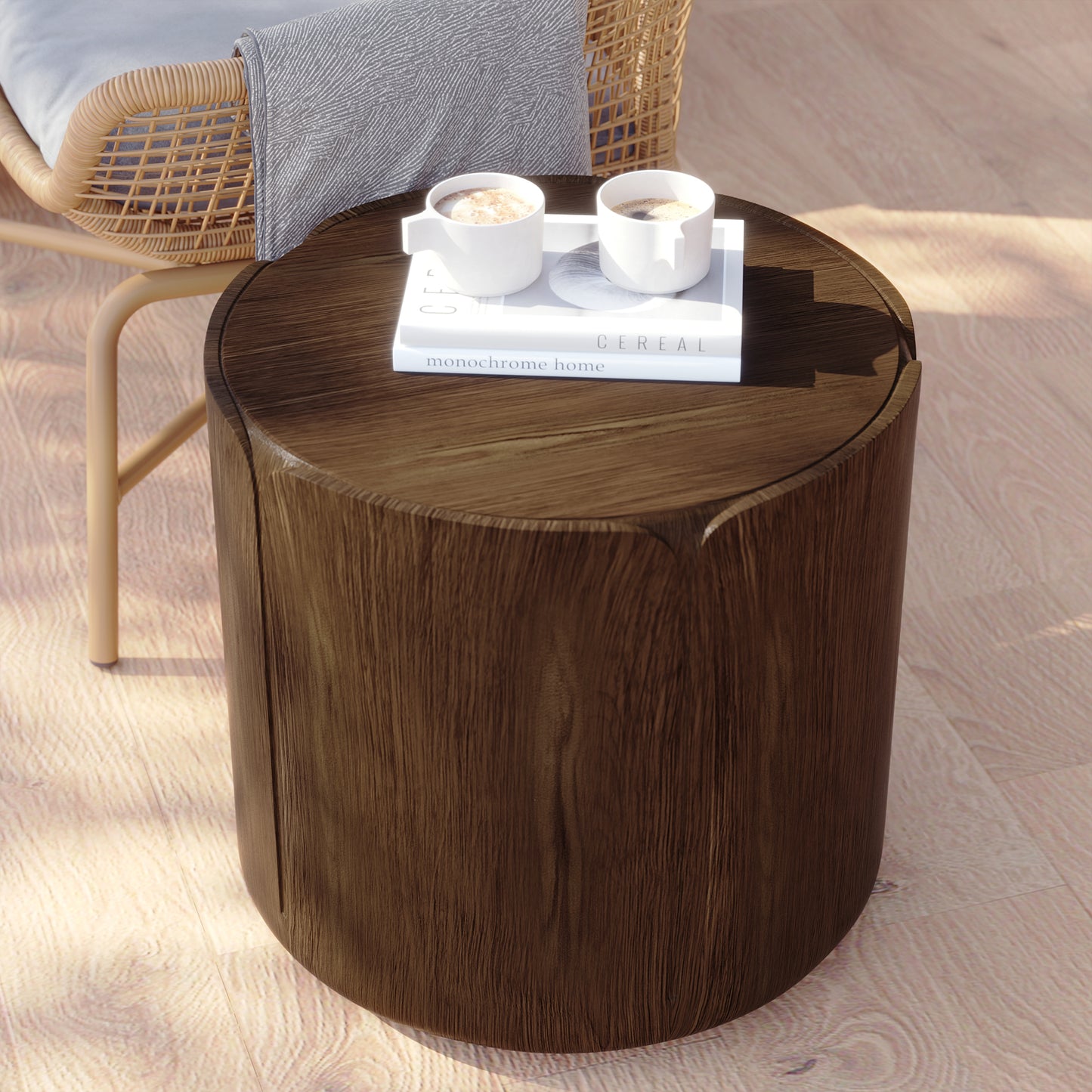 19.29"H Round Outdoor Indoor Side Table, Modern Wood Grain Patio Garden Stool, Sturdy MGO (Magnesium Oxide) Waterproof, No-Assembly Table for Patio, Garden, Backyard, Living Room (Brown) image 6