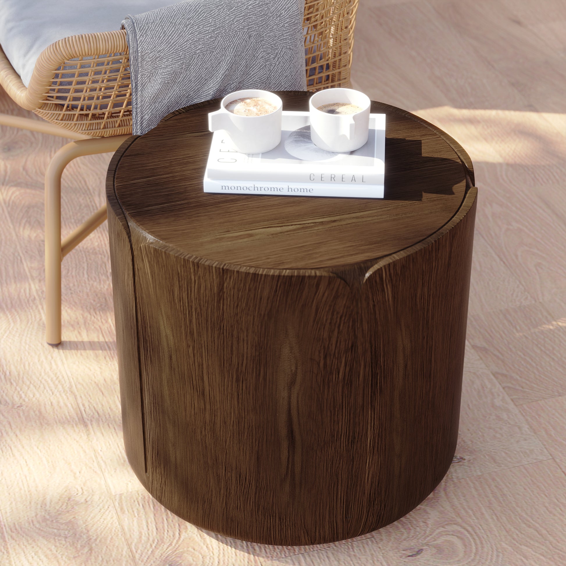 19.29"H Round Outdoor Indoor Side Table, Modern Wood Grain Patio Garden Stool, Sturdy MGO (Magnesium Oxide) Waterproof, No-Assembly Table for Patio, Garden, Backyard, Living Room (Brown) image 6
