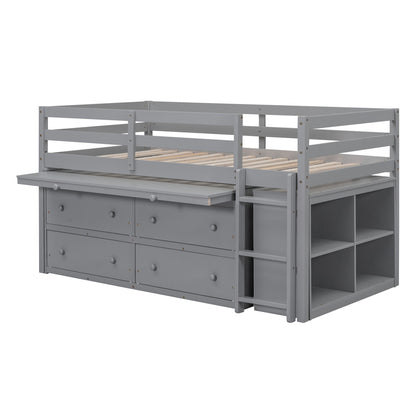 Twin Size Loft Bed with Retractable Writing Desk and 4 Drawers, Wooden Loft Bed with Lateral Portable Desk and Shelves, Gray image 11