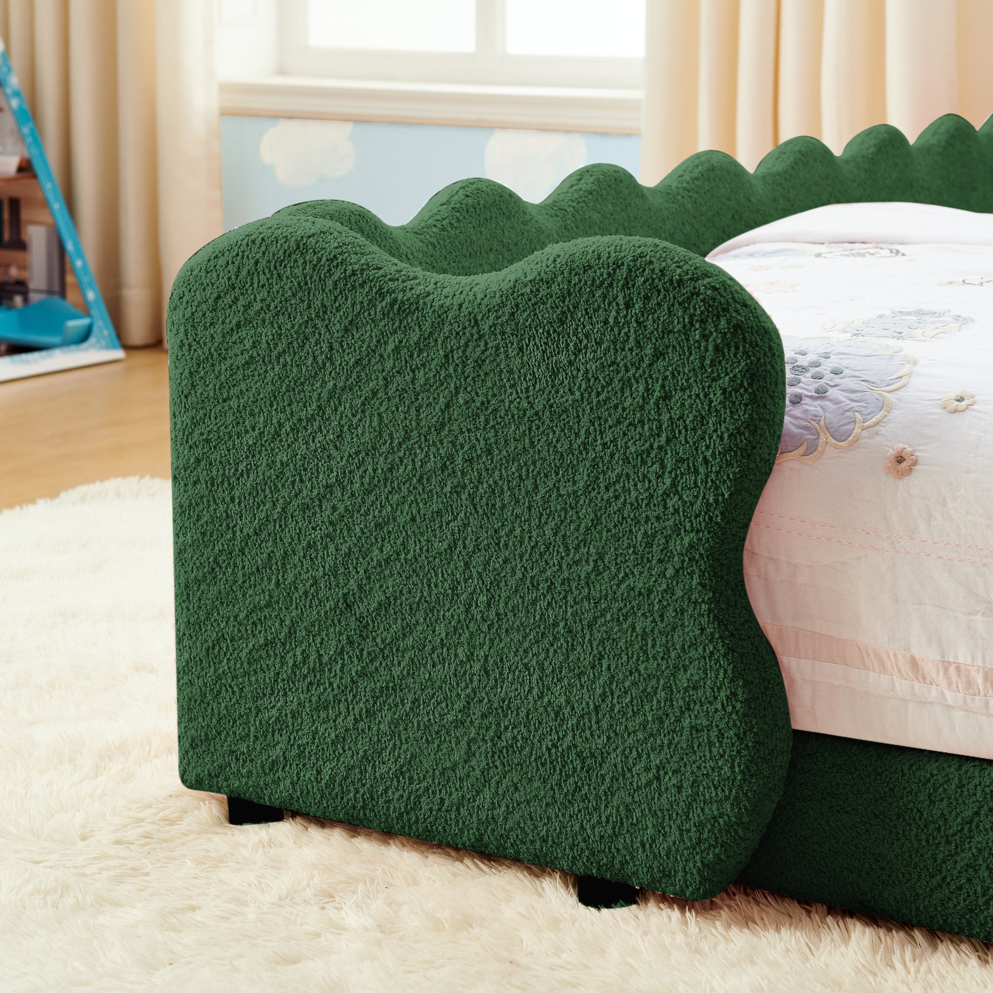 Twin Size Cute Dinosaur-Shaped Kids Bed with Safety Guardraild, Solid Wood Toddler Bed Frame for Children for Bedroom, Boucle Fabric image 6