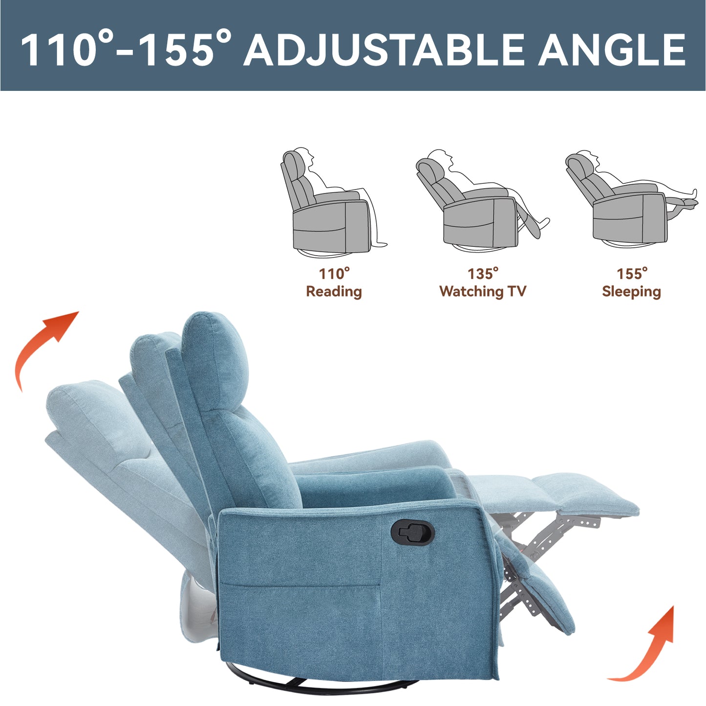 Heat Massage Manual Recliner Chair with Rocker and Swivel in Fabric for Living Room, Blue image 5
