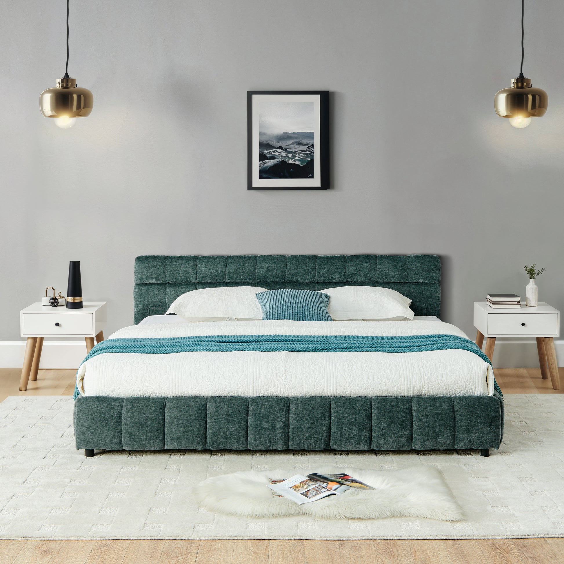 California King size Upholstered Bed,comfortable upholstered bed frame, Chenille fabric, with headboard and solid bed frame. With drawer for storage.-Blue Green(90.5''*80.5''*31'') image 6