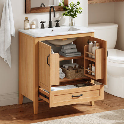[Video] 30" Natural Wood Grain Bathroom Vanity with Ceramic Sink Top, Solid Wood Legs, Soft-Close Double Doors & Bottom Drawer, Adjustable Interior Shelf, Door-mounted Organizers image 2