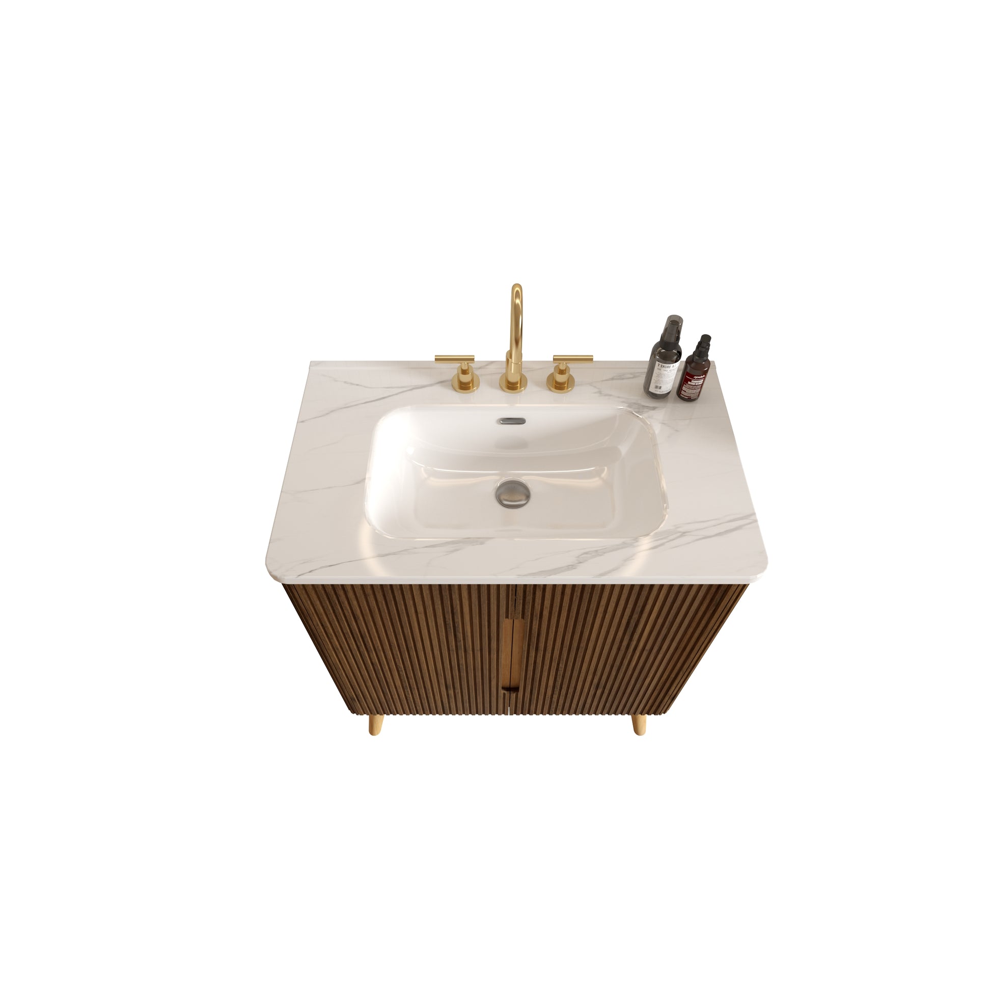 Etna 30"F Striped Walnut Bathroom Vanity with Carrara White Sink, Freestanding & Wall Mounted Bathroom Cabinet Options for Modern Bathrooms, KD image 5