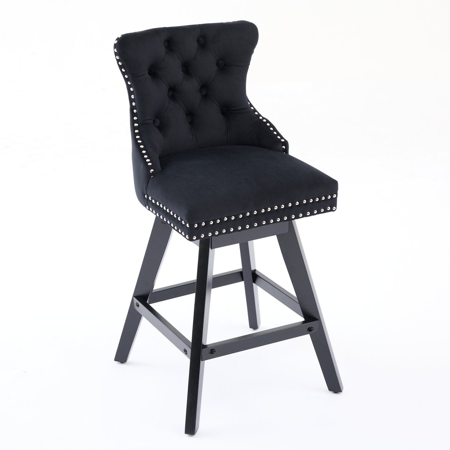 Swivel Velvet Barstools with Button Tufted Decoration and Wooden Legs, and Chrome Nailhead Trim, Leisure Style Bar Chairs,Bar stools, Set of 2 (Black),SW1860BK image 4