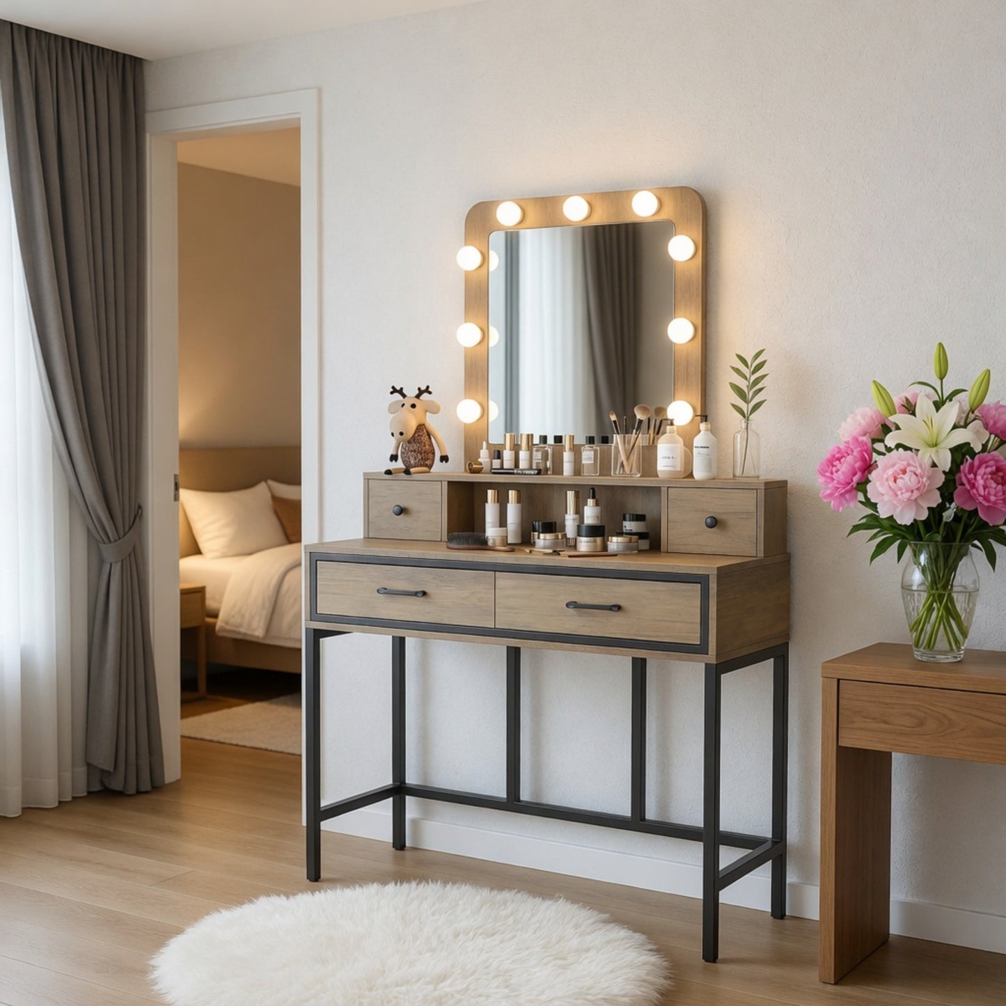 39.37" Brown Vanity Desk with 3-Color Lighted Mirror - Makeup Table with 4 Drawers image 1