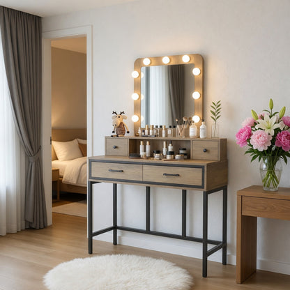 39.37" Brown Vanity Desk with 3-Color Lighted Mirror - Makeup Table with 4 Drawers image 1