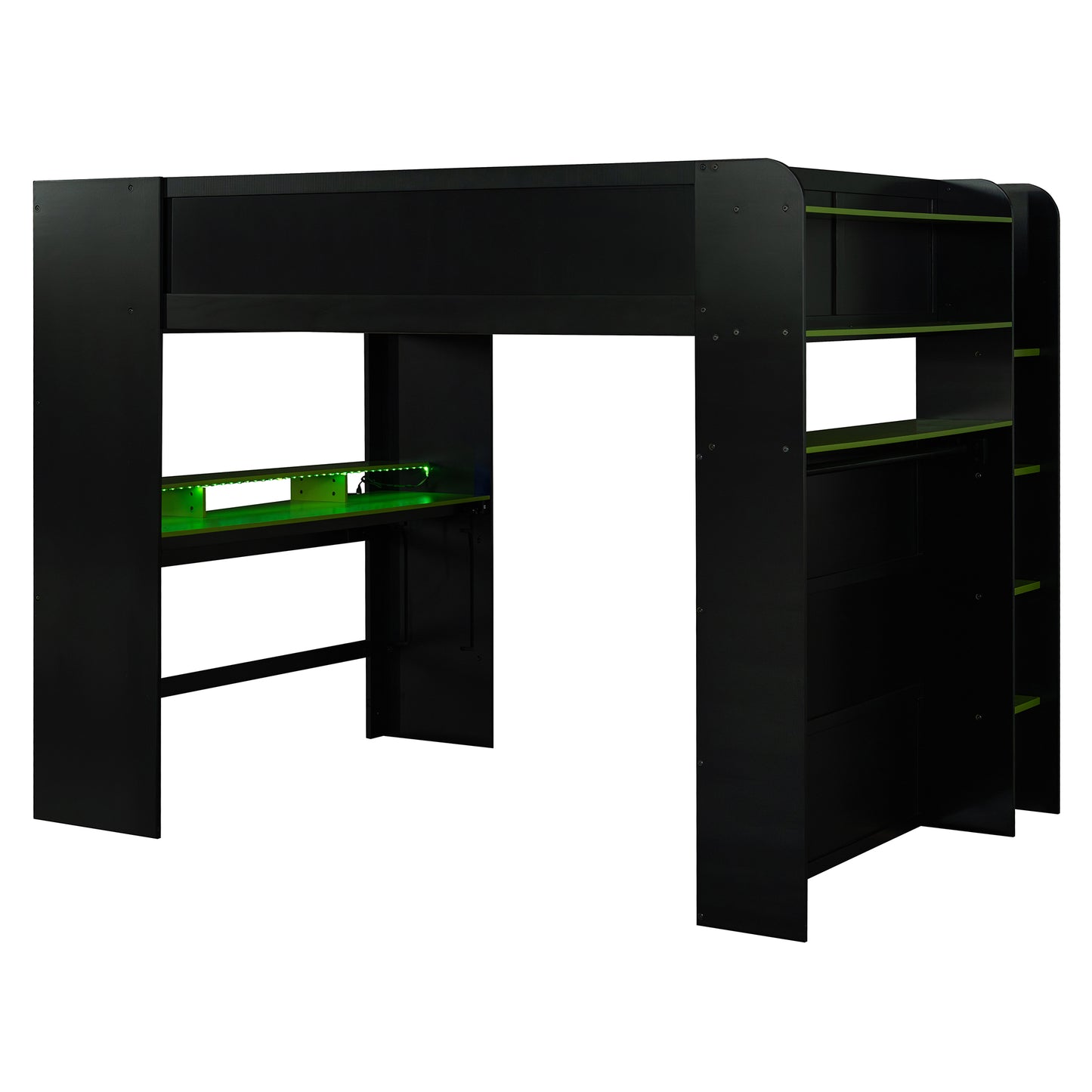 Full Size Wood Bunk Bed with height-adjustable Desk,Wardrobe,Ample Storage Space,and RGB Light, Green(OLD SKU:LT000266AAG) image 12