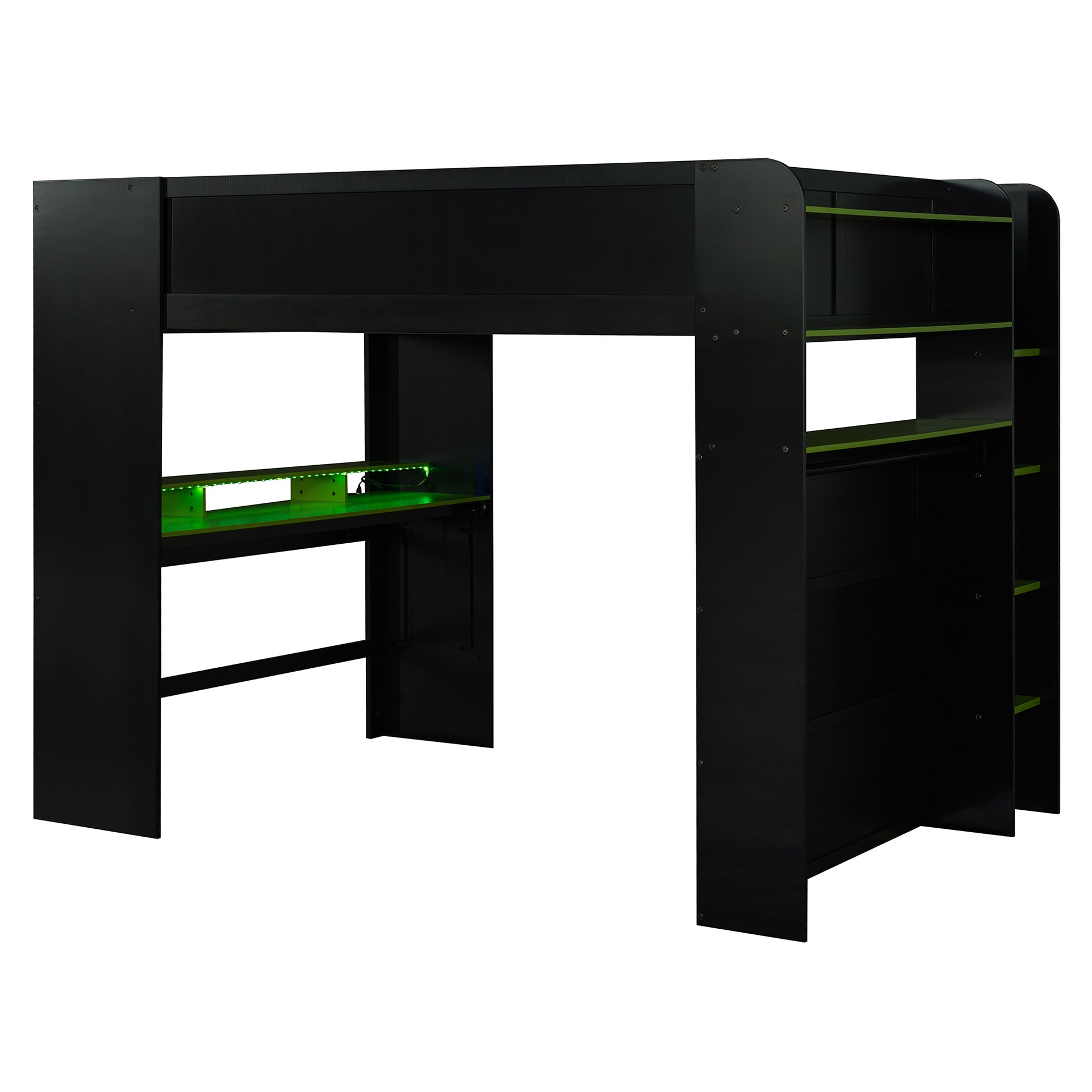 Full Size Wood Bunk Bed with height-adjustable Desk,Wardrobe,Ample Storage Space,and RGB Light, Green(OLD SKU:LT000266AAG) image 12