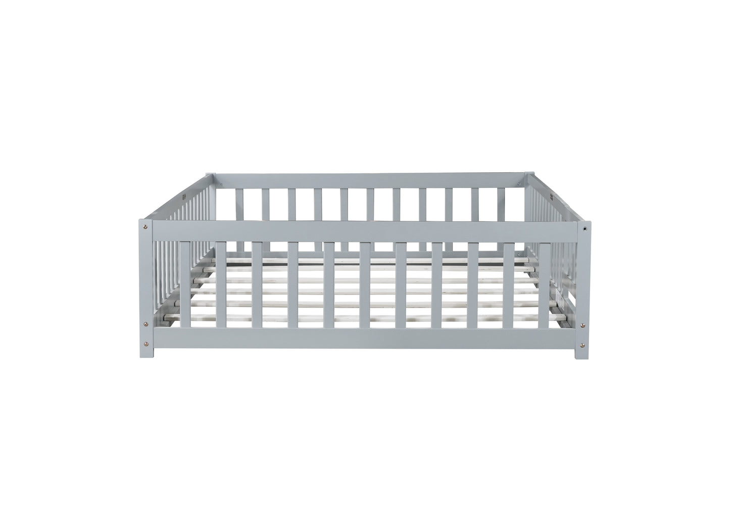 Full Size Floor Bed with Fence and Door,Rubber Wood Floor Bed with Safety Guardrails,Grey image 5