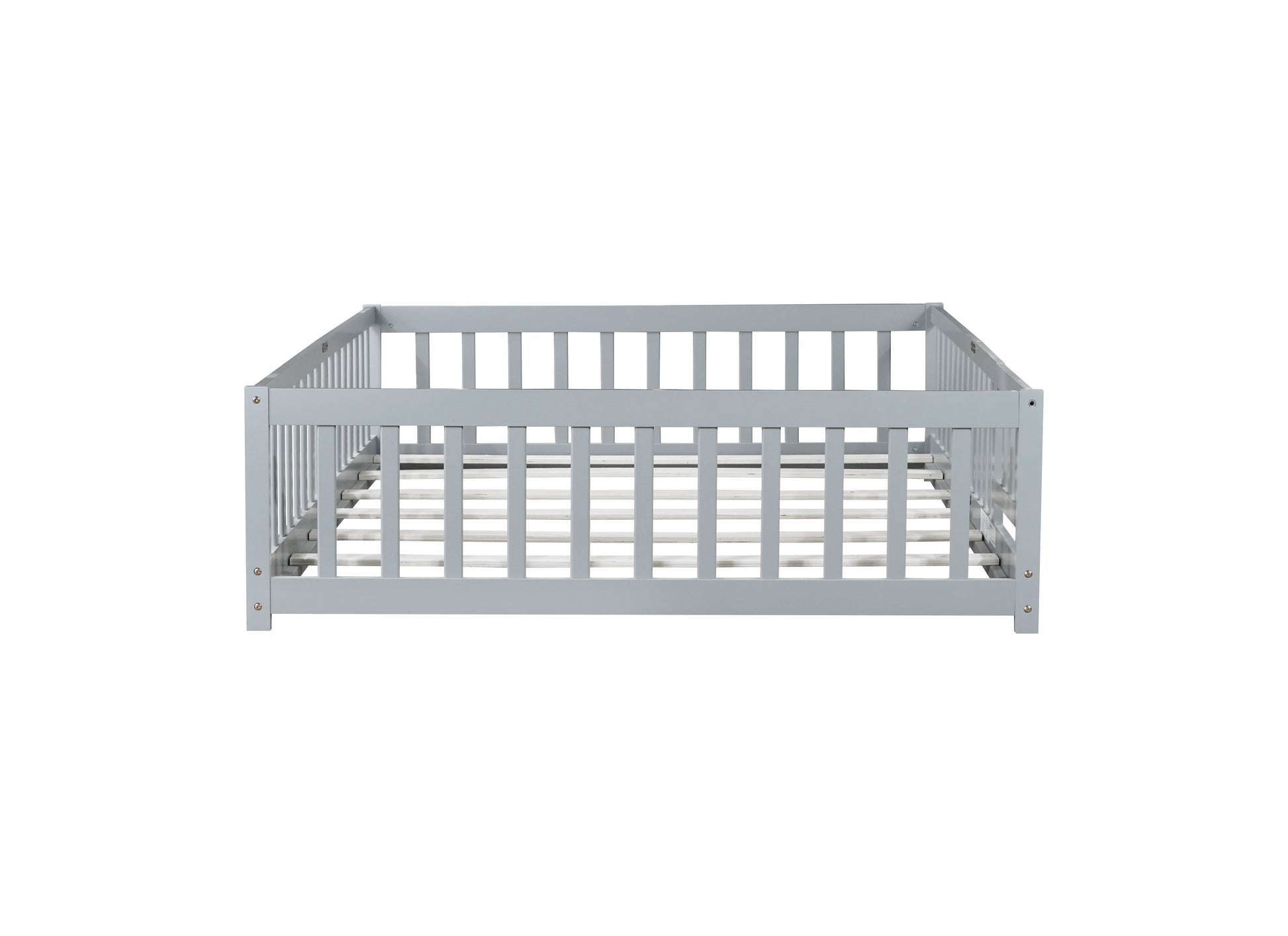 Full Size Floor Bed with Fence and Door,Rubber Wood Floor Bed with Safety Guardrails,Grey image 5
