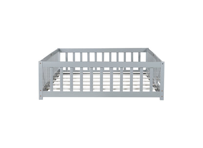 Full Size Floor Bed with Fence and Door,Rubber Wood Floor Bed with Safety Guardrails,Grey image 5