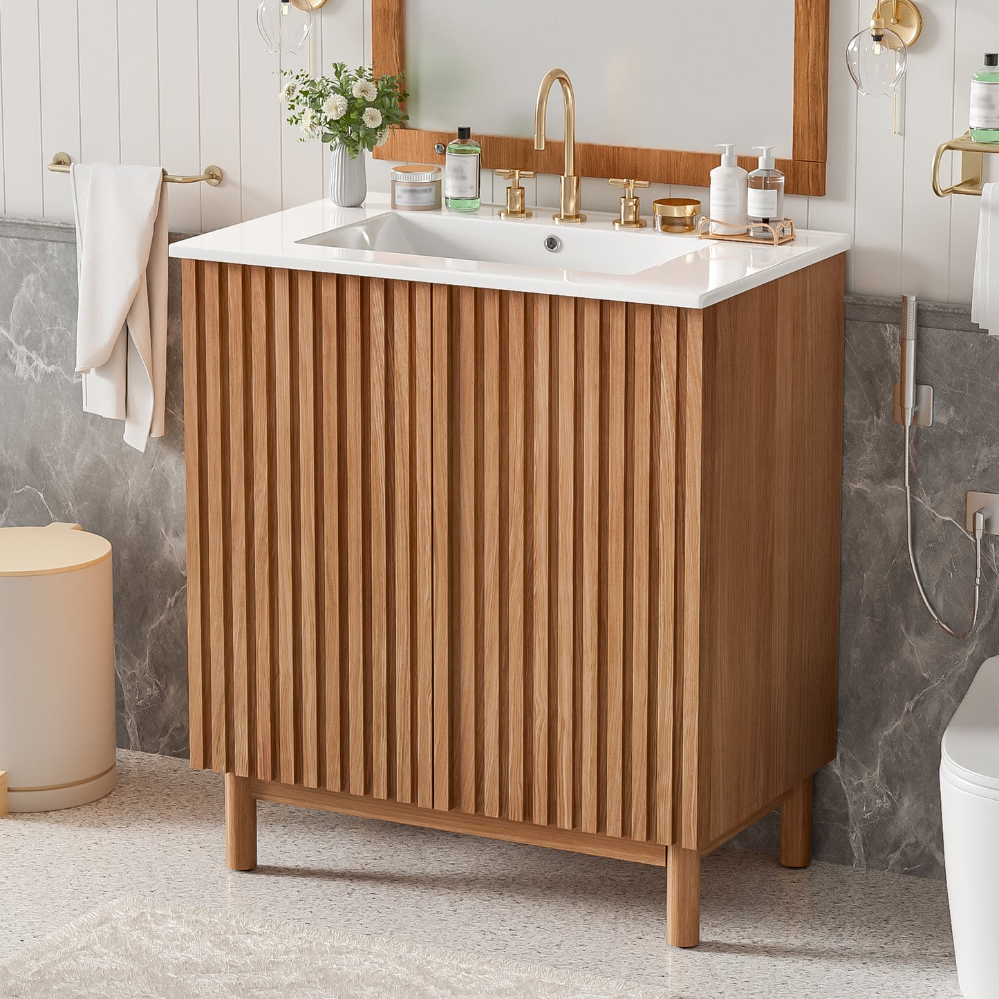29.9-inch Traditional Bathroom Vanity with Ceramic Sink, Solid Wood Legs, MDF U-Shaped Adjustable Shelf, Soft-Close Doors, and Space-Saving Storage image 3
