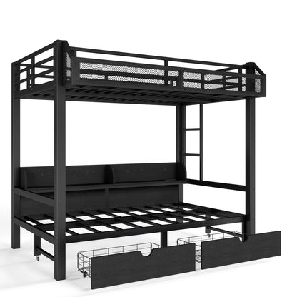 Twin over Twin Bunk Bed with Storage Shelves and Drawers,Multifunctional Metal Bunk Beds with USB Ports and LED Lights, Lower Bed that can be converted into a sofa, Black image 10