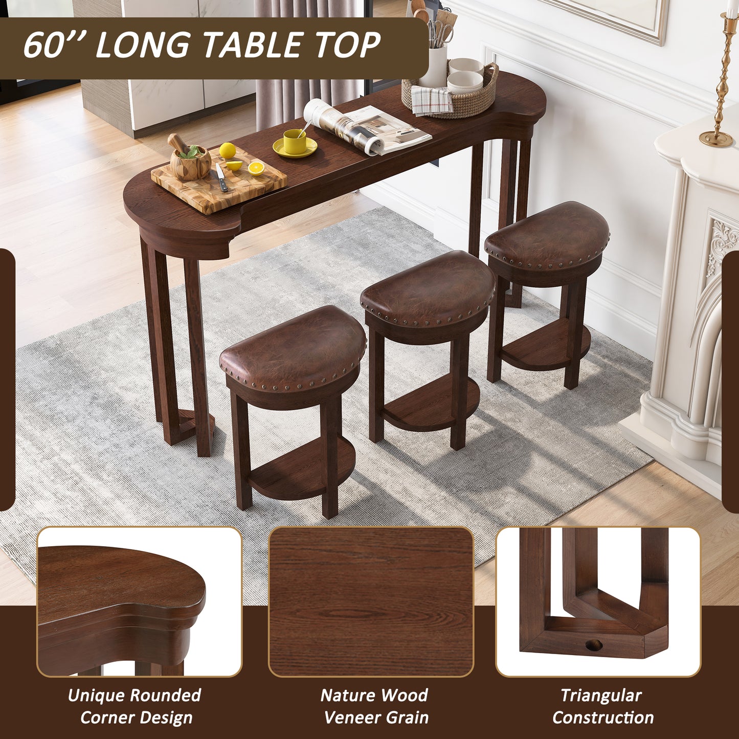 4 Piece Bar Table Set with3 PU Upholstered Bar Stools, Breakfast Table with 3 Padded Stools Solid Wood Counter Height Dining Table Set for Living Room, Dining Room. Cherry image 3