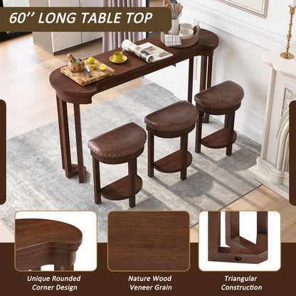 4 Piece Bar Table Set with3 PU Upholstered Bar Stools, Breakfast Table with 3 Padded Stools Solid Wood Counter Height Dining Table Set for Living Room, Dining Room. Cherry image 3