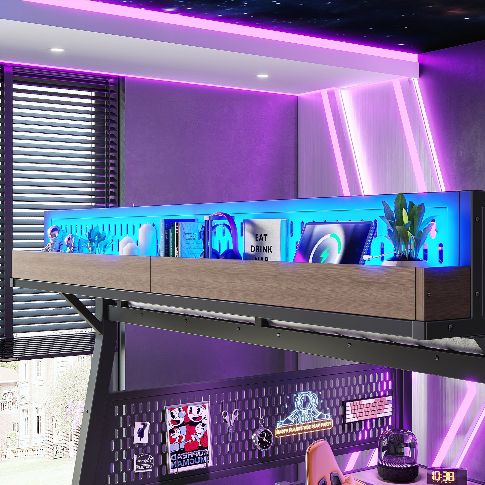 Full Loft Bed with Storage Stairs, Shelves gaming loft bed with Pegboard and Built-in Wardrobe, Metal Loft Bed Frame with USB Ports and LED Lights, Noise-reduced Design, Black image 7