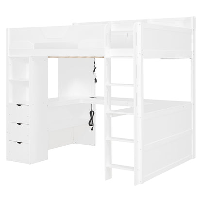 Full Size Wooden Gaming Loft Bed with U-Shaped Desk, Smart RGB LED Lights and USB Ports, Multi-Functional High Sleeper with 3 Drawers and Storage Shelves for Teens Adults, White image 5