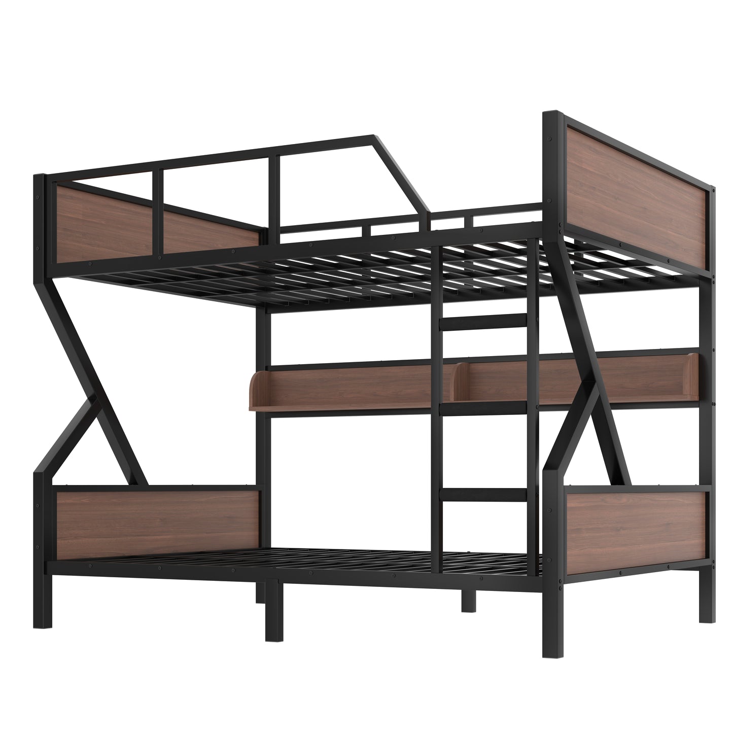 Queen over Queen Bunk Bed, Metal Bunk Bed with Storage Shelves and Lights, Space-saving & Noise-free Design, Black image 11