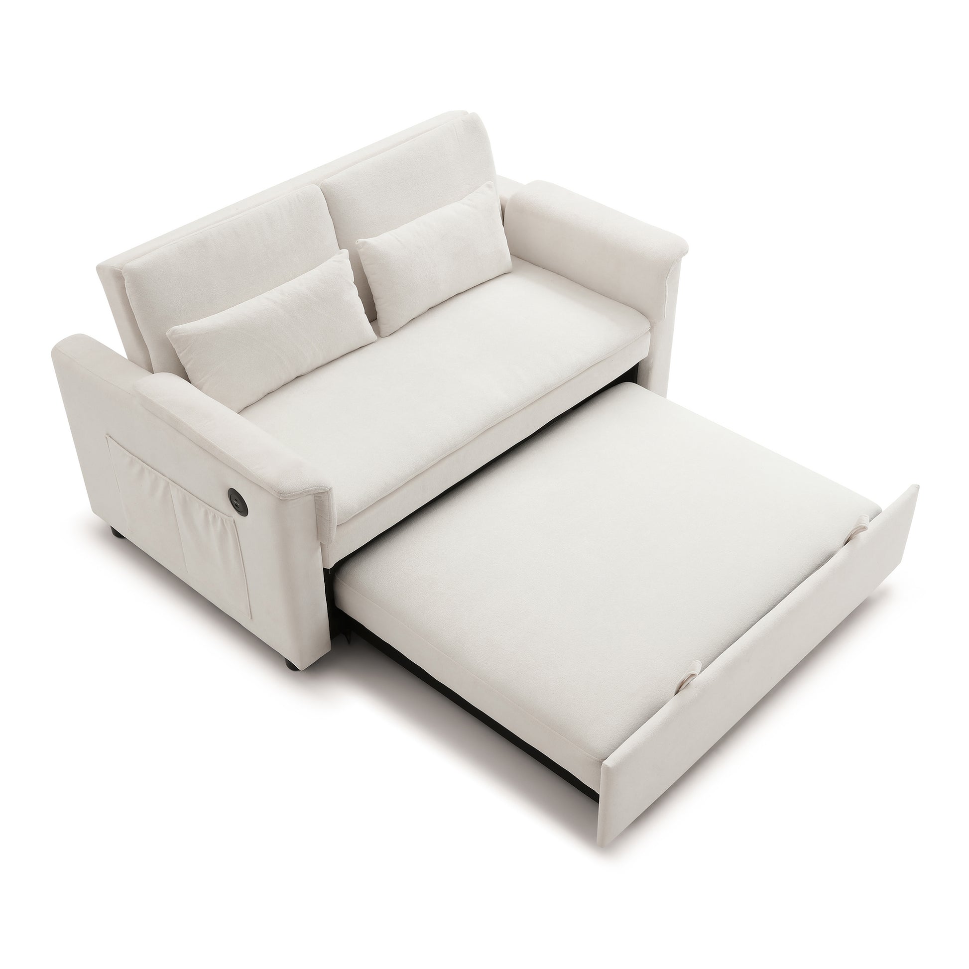 55" Velvet Two Seater Pull Out Sofa Bed, Adjustable Backrest With USB Ports, Two Side Pockets, 3 in 1 Convertible Sleeper Sofa Bed, Modern Love Seat Lounge,2 waist pillows for living rooms,BEIGE image 5