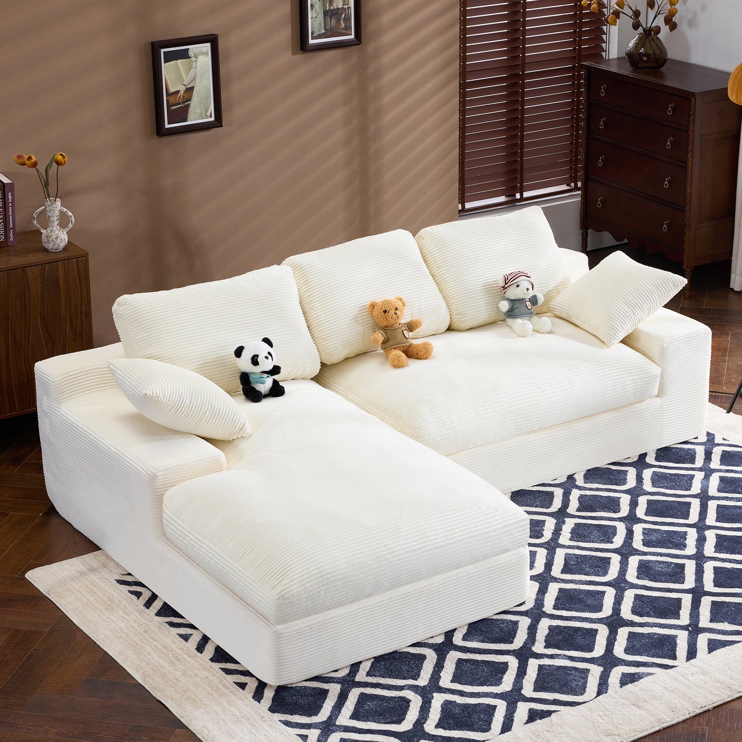 White corduroy compressed sofa. It has a soft and skin-friendly sitting feel, adding a healing atmosphere to the warm living room. It comes with 3 back cushions and 2 throw pillows. image 1